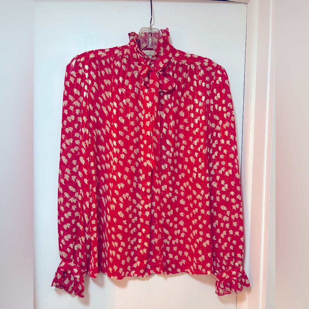 Bloomingdale's 100% Sutton Silk Blouse with Ruffles at Neck & Sleeves.+ Tie.